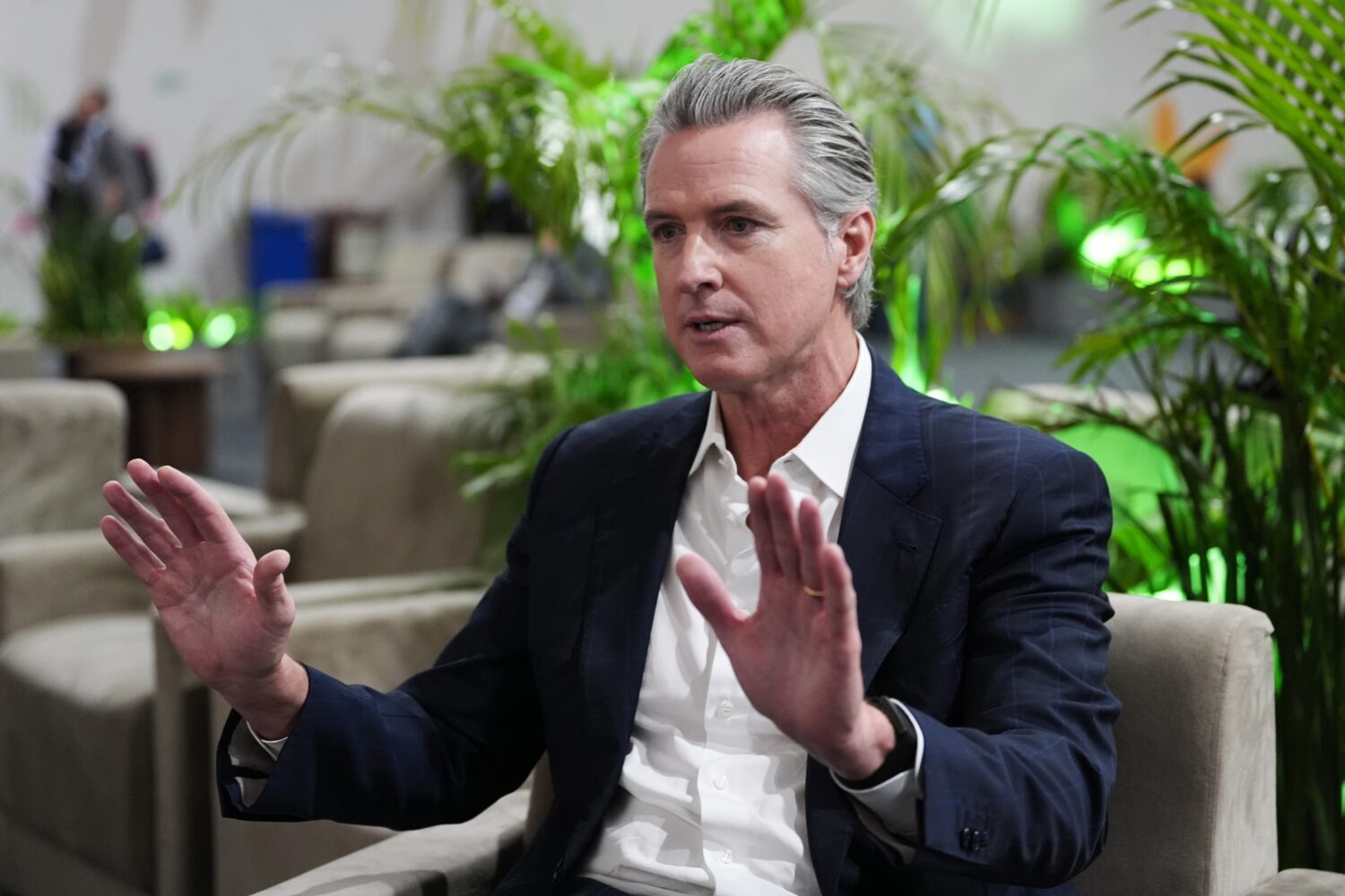 California Gov. Gavin Newsom speaks during an interview with The Associated Press at the COP30 U.N....