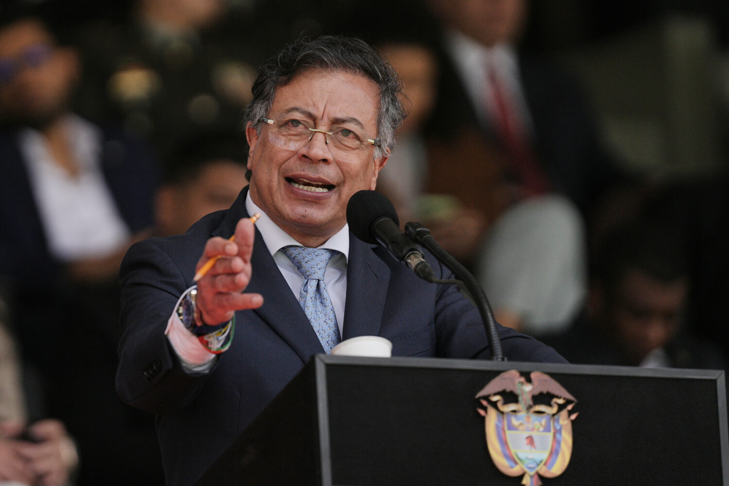 Colombian President Gustavo Petro speaks during the swearing-in ceremony of Gen. William Rincon as ...