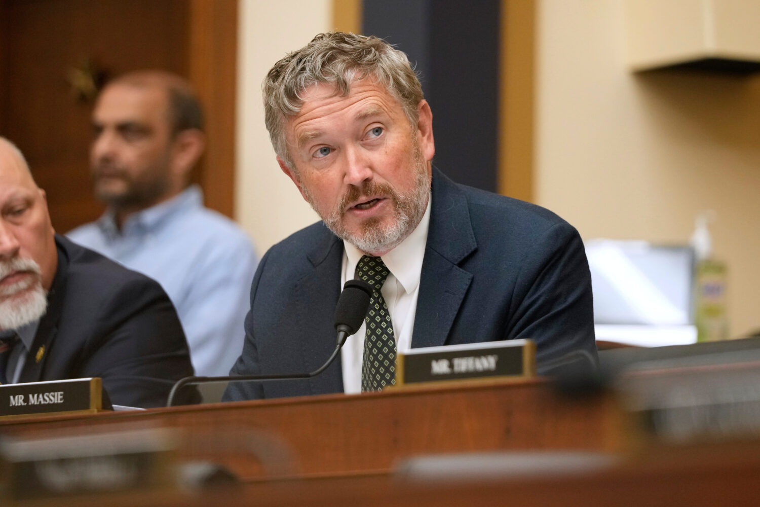 FILE - Rep. Thomas Massie, R-Ky., speaks as FBI Director Kash Patel appears before the House Judici...