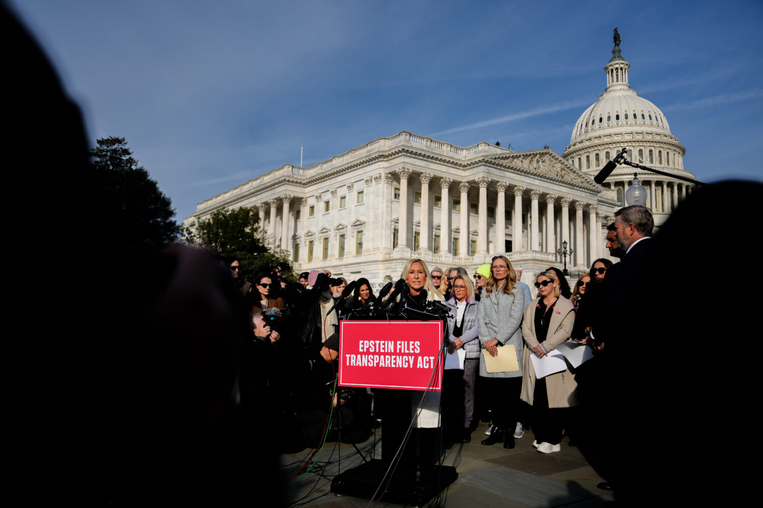 Rep. Marjorie Taylor Greene, R-Ga., speaks during a news conference on the Epstein Files Transparen...