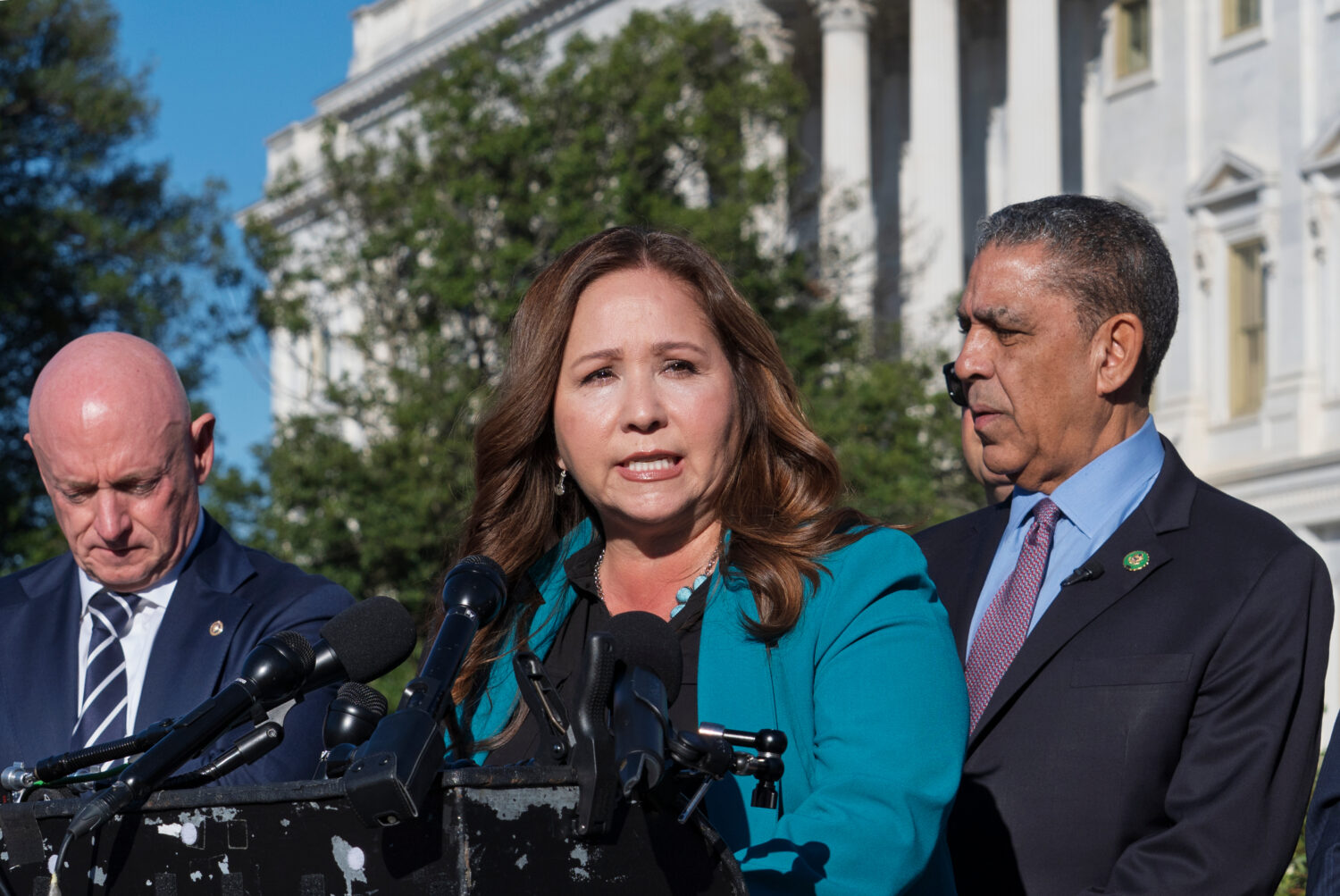 FILE - Rep.-elect Adelita Grijalva, D-Ariz., speaks at the Capitol in Washington, Oct. 15, 2025. (A...