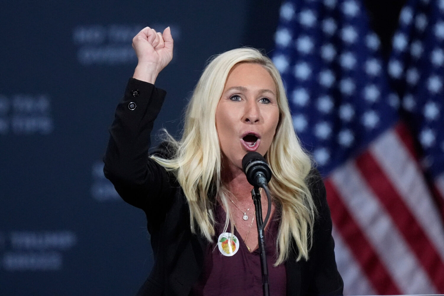 FILE - Rep. Marjorie Taylor Greene, R-Ga., speaks before Republican presidential nominee former Pre...