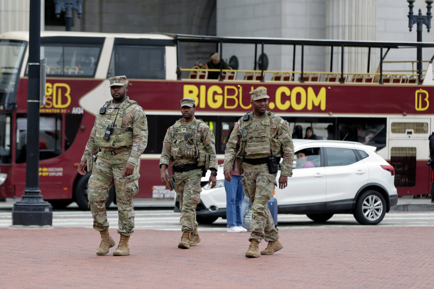 National Guard soldiers patrol at Union Station, Tuesday, Oct. 28, 2025, in Washington. (AP Photo/R...