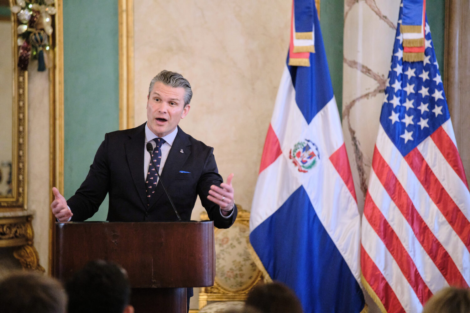 U.S. Secretary of Defense Pete Hegseth speaks during a press conference after a meeting with Domini...