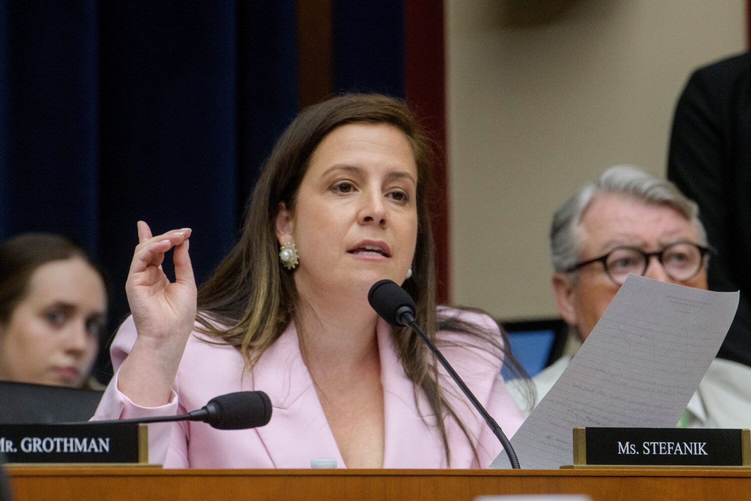 FILE - Rep. Elise Stefanik, R-N.Y., questions the panel of witnesses during a House Committee on Ed...