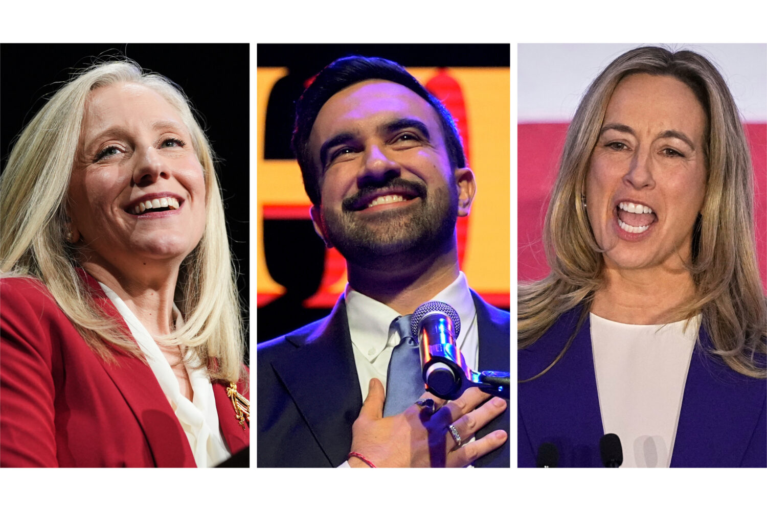 This combination of photos taken on Tuesday, Nov. 4, 2025, shows Abigail Spanberger in Richmond, Va...