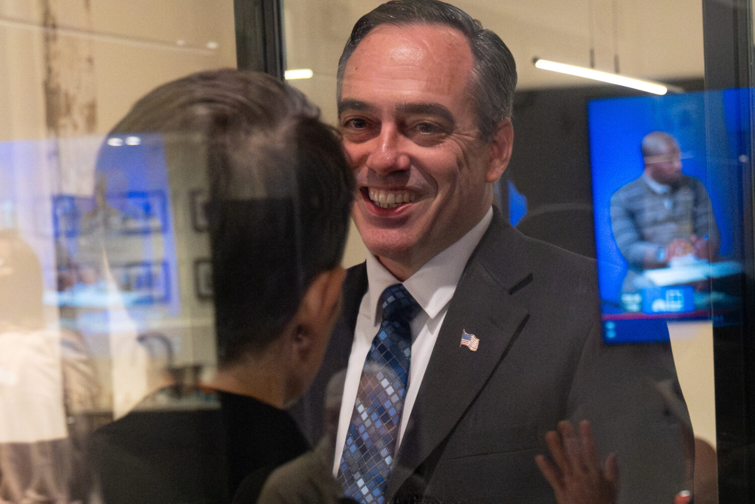 Public Service Commission candidate Peter Hubbard talks with Connie Di Cicco, political director fo...