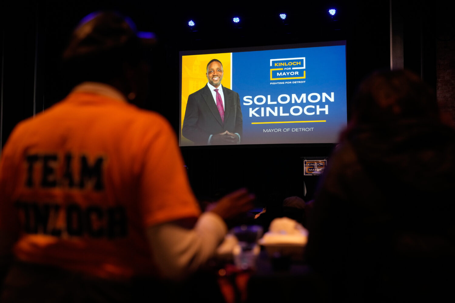 A photo of Detroit mayoral candidate Solomon Kinloch is displayed during an election night watch pa...