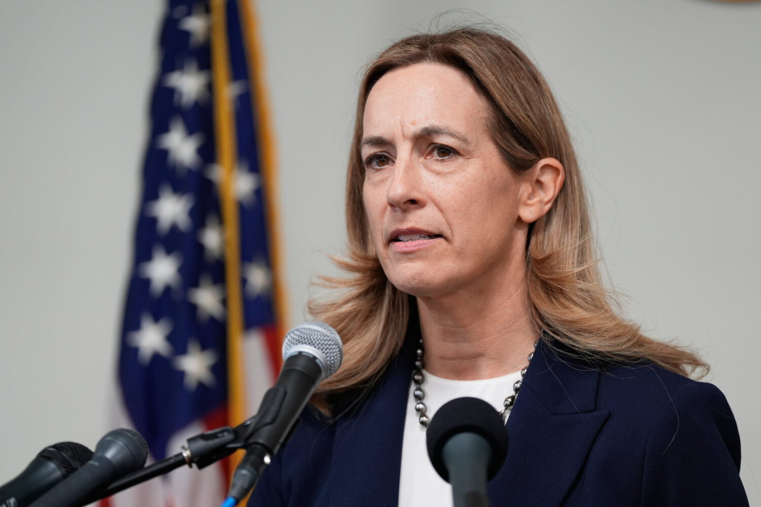 New Jersey Governor-elect Mikie Sherrill talks to reporters during a news conference in Trenton, N....