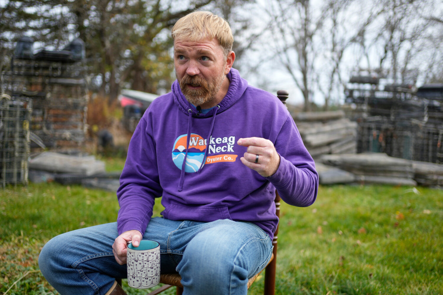 Graham Platner, Democratic candidate for U.S. Senate, speaks to a reporter at his home, Monday, Nov...