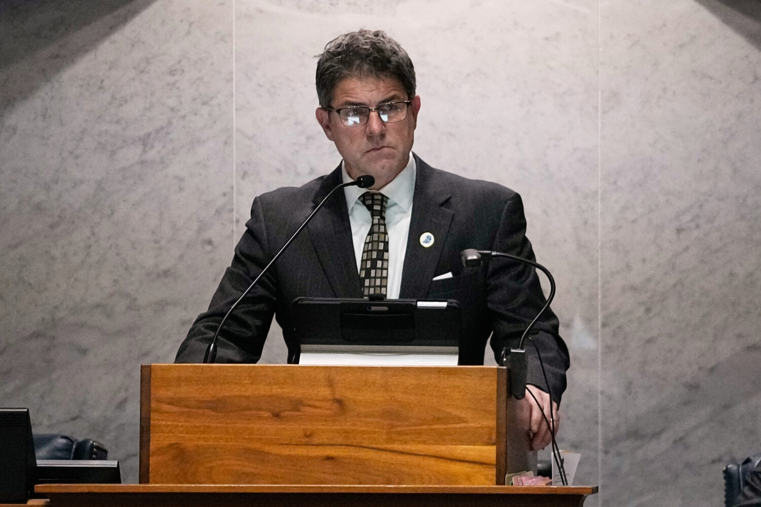 FILE - Senate President Pro Tem Rodric Bray, R-Martinsville, speaks in the senate chamber at the St...