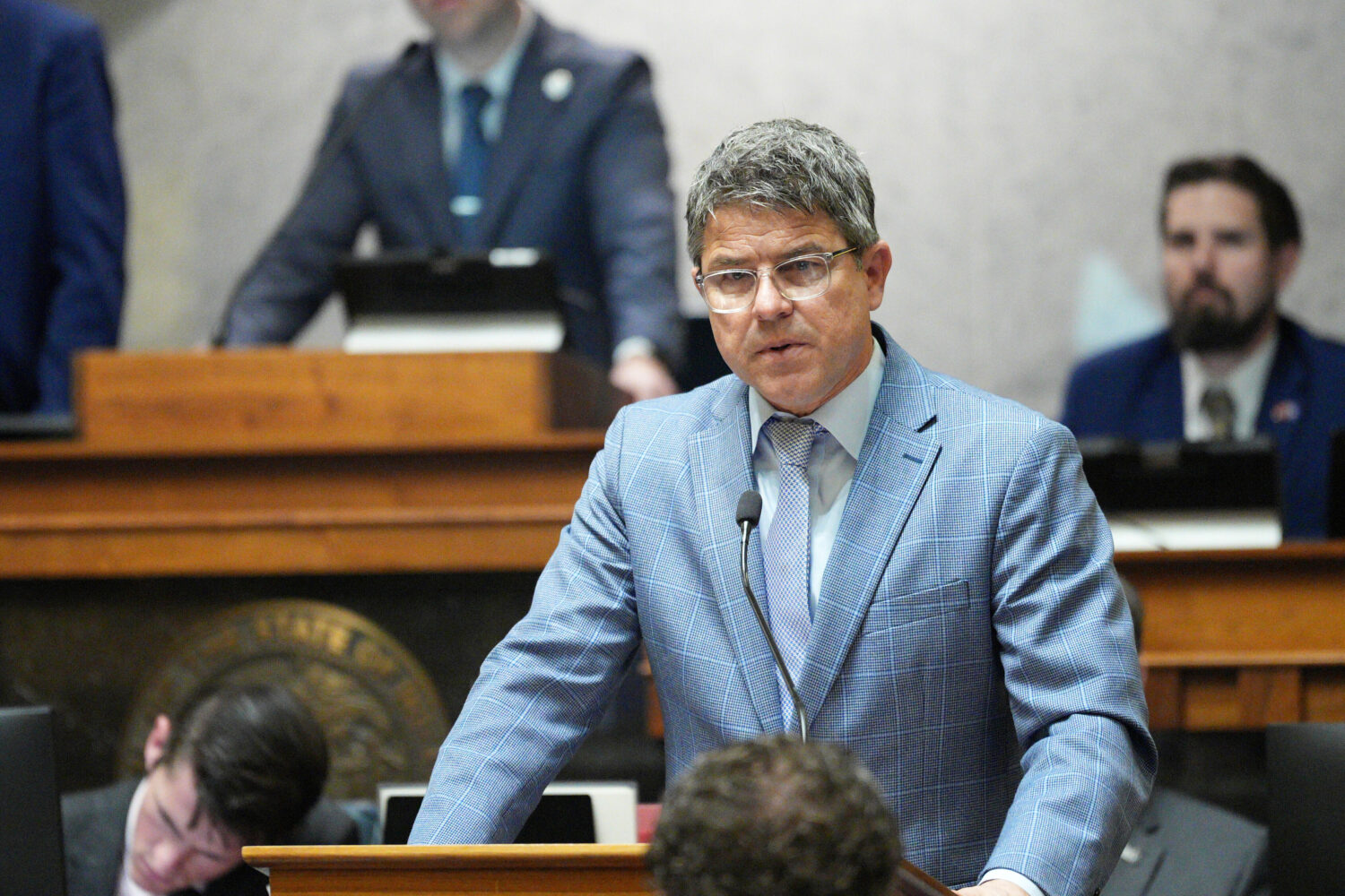 FILE - Indiana Senate President Pro Tempore Rodric Bray speaks in the Senate chamber at the Stateho...