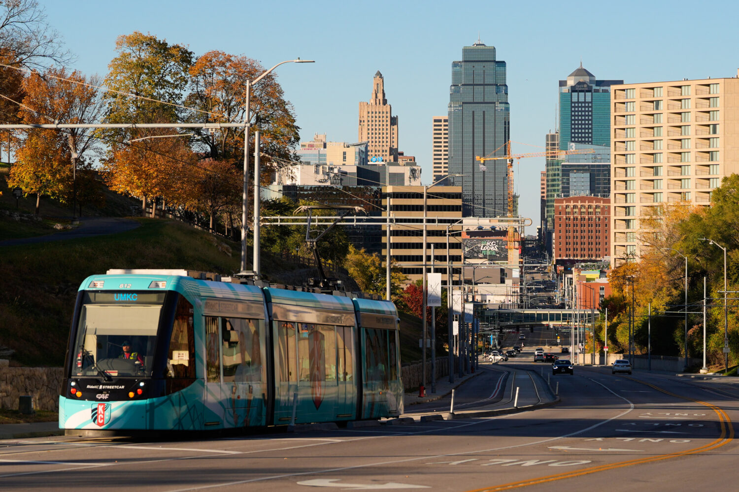 A streetcar runs along Main Street near the 18th and Vine district Friday, Nov. 7, 2025, in Kansas ...