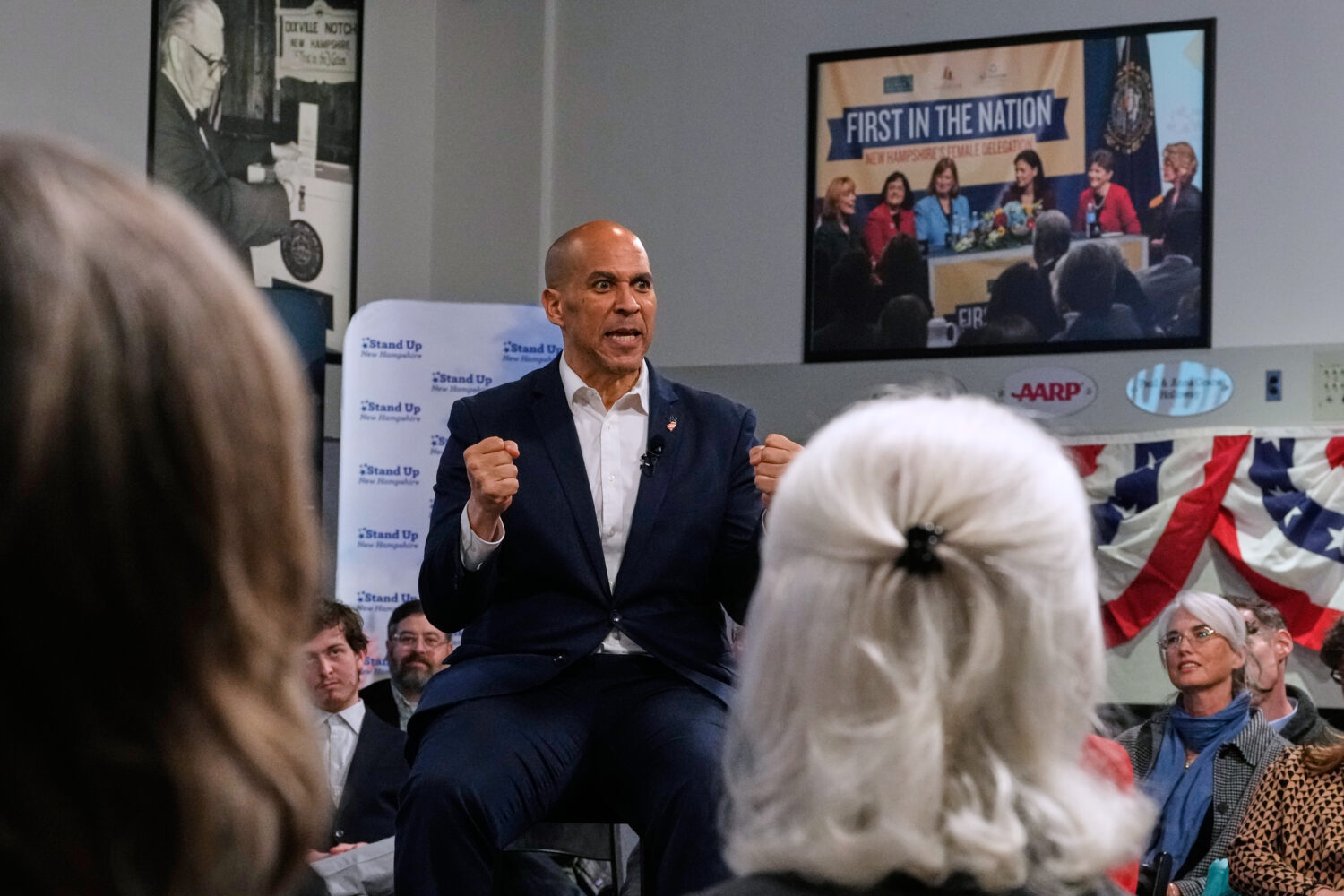 Sen. Cory Booker, D-N.J., addresses a gathering Friday, Nov. 14, 2025, in Manchester, N.H. (AP Phot...