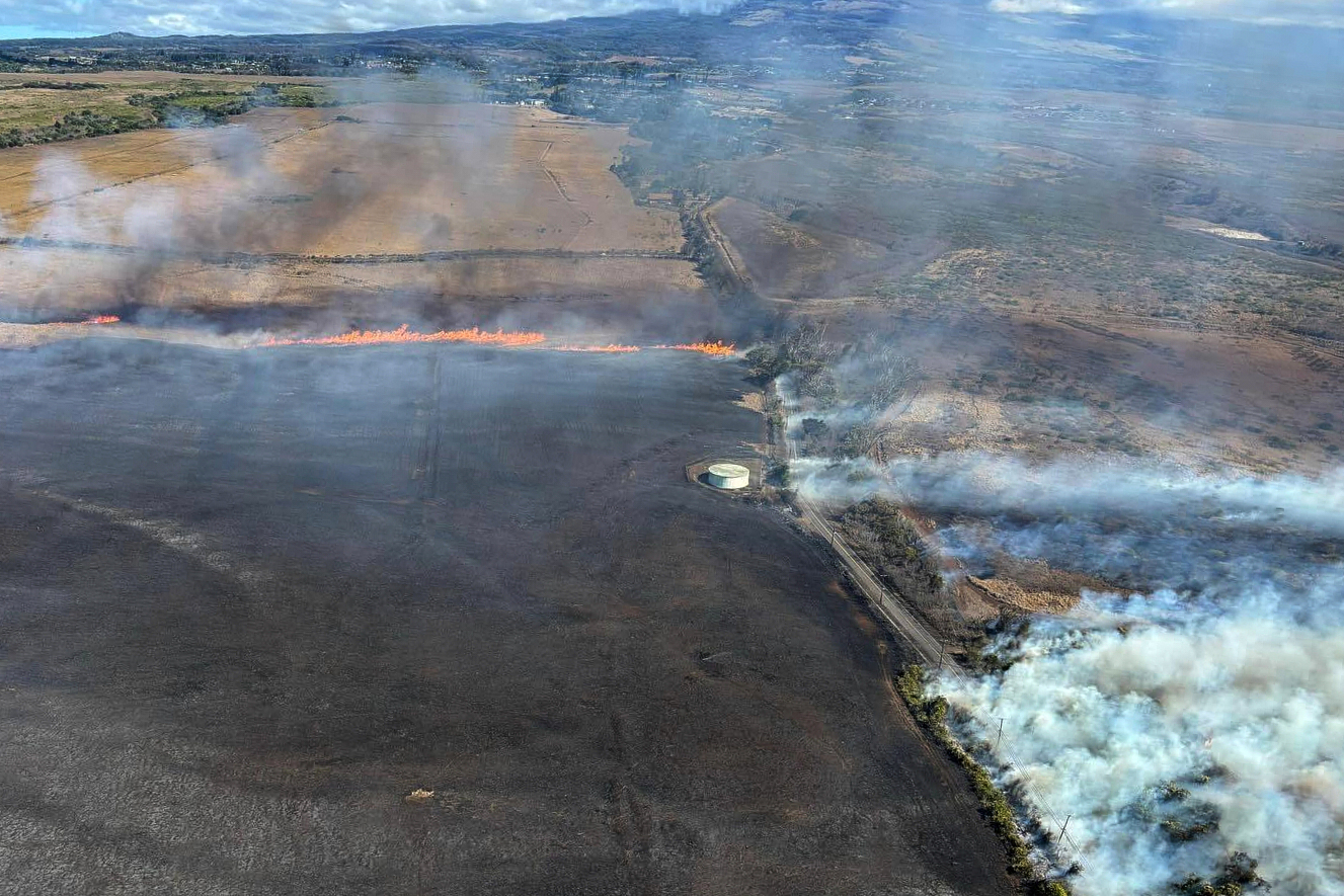 FILE - This photo provided by the County of Maui shows a wild fire in Maui, Hawaii, Sept. 23, 2025....