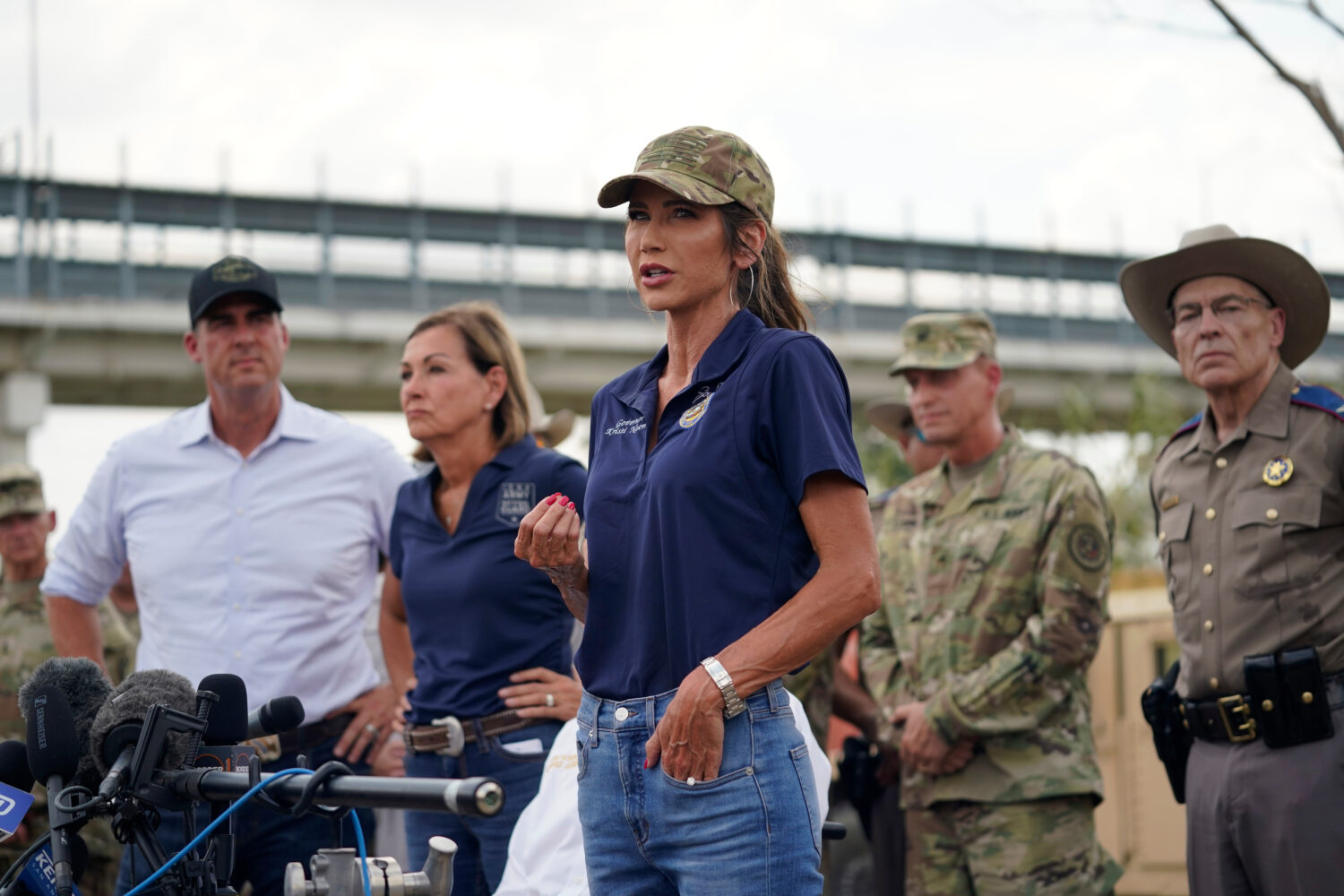 FILE - South Dakota Gov. Kristi Noem gives a news conference along the Rio Grande, Aug. 21, 2023, i...