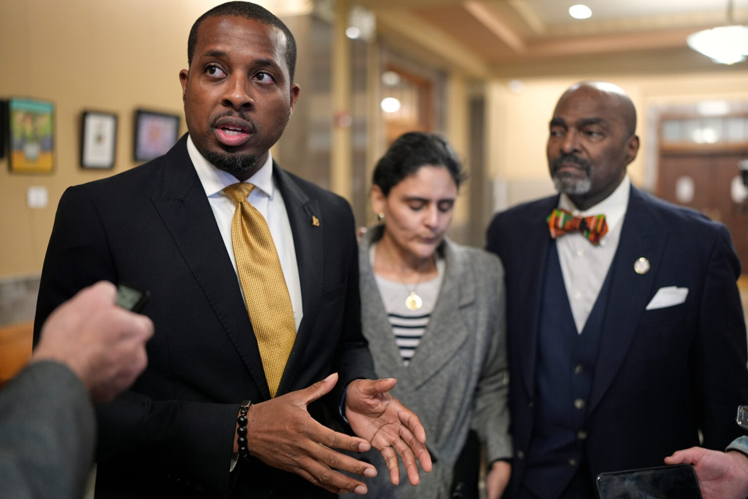 Plaintiffs Memphis City Council member JB Smiley, left, Rep. Gabby Salinas D-Memphis, center, and R...
