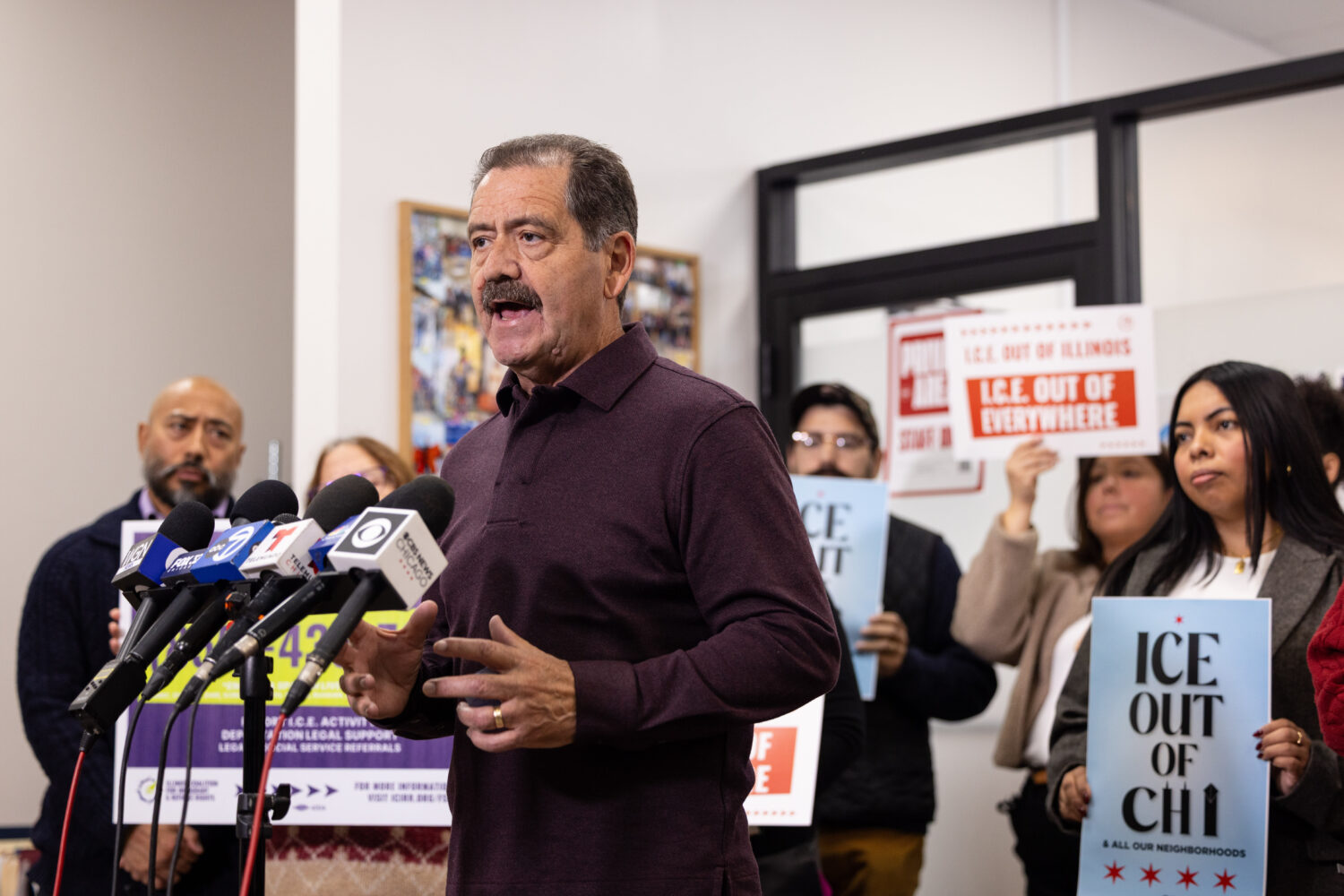 Congressman Jesus "Chuy" Garcia speaks during a press conference decrying federal agents use of for...