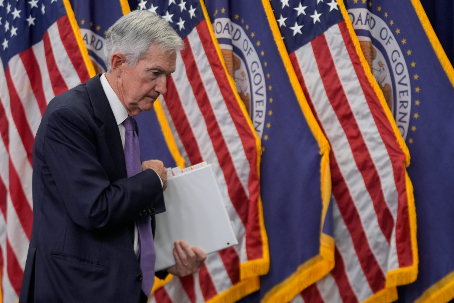 Federal Reserve Chairman Jerome Powell departs after a news conference after the Federal Open Marke...