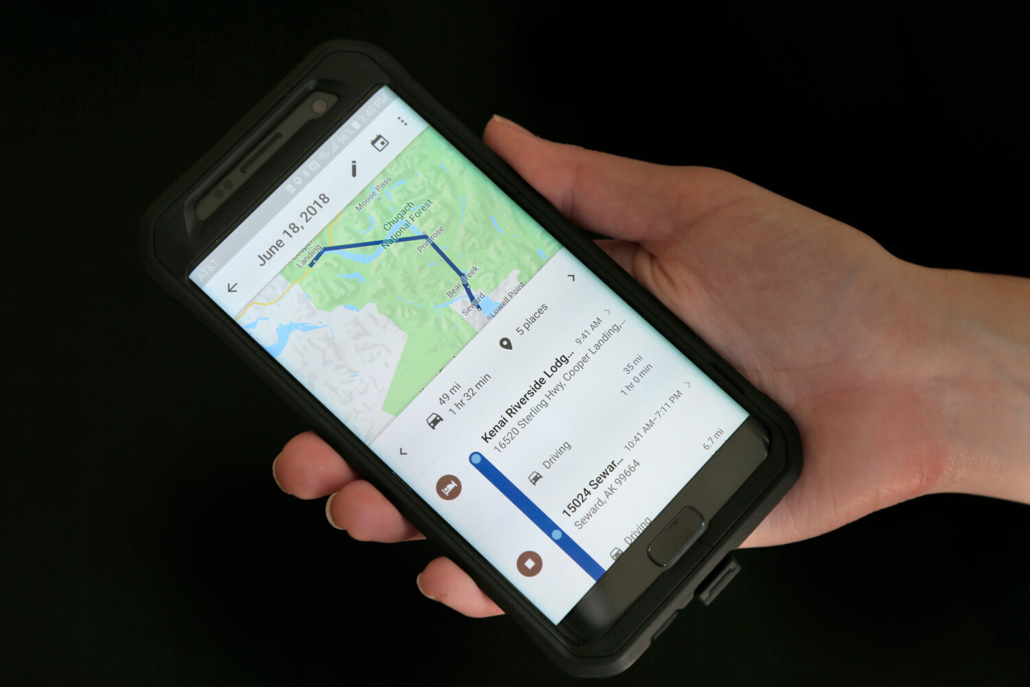 FILE - In this Aug. 8, 2018, file photo, a mobile phone displays a user's travels using Google Maps...