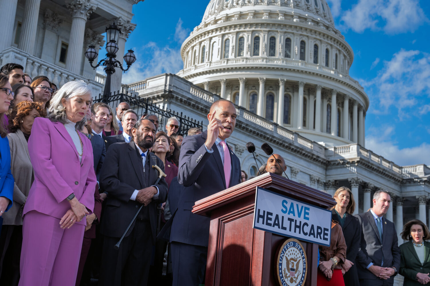 House Minority Leader Hakeem Jeffries, D-N.Y., and fellow Democrats speak on the health care fundin...