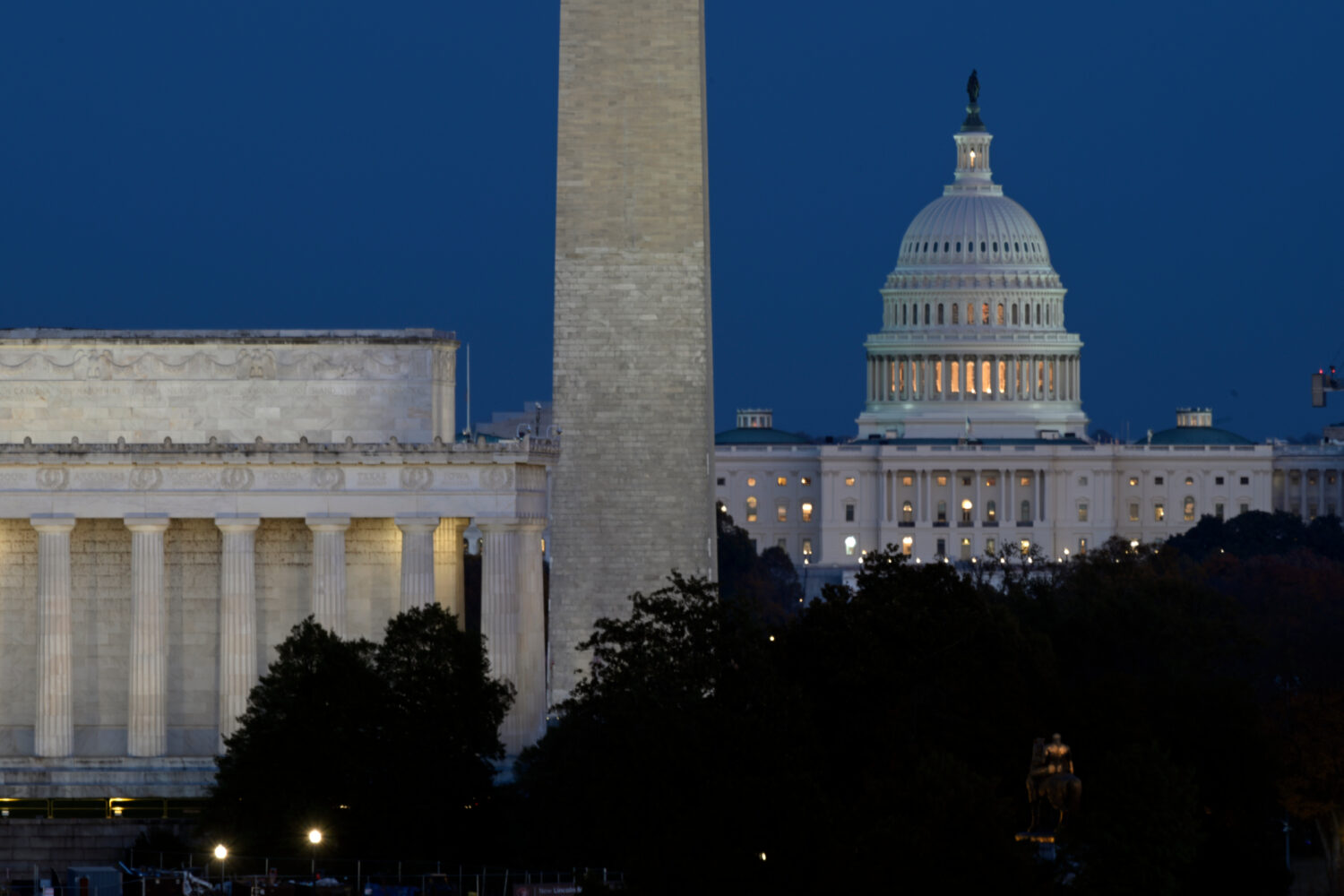 The Lincoln Memorial, Washington Monument and the U.S. Capitol in Washington, Tuesday, Nov. 4, 2025...