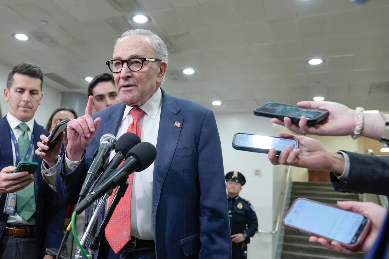 Sen. Minority Leader Chuck Schumer of N.Y., speaks with reporters at the Capitol Subway on the 36th...