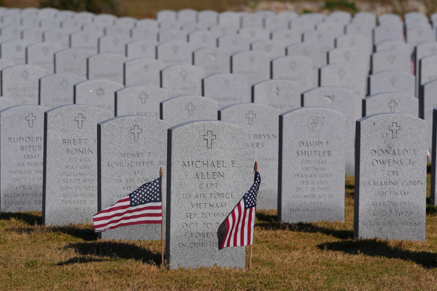 Grave markers of U.S. veterans are shown at the Dallas-Fort Worth National Cemetery where the upcom...