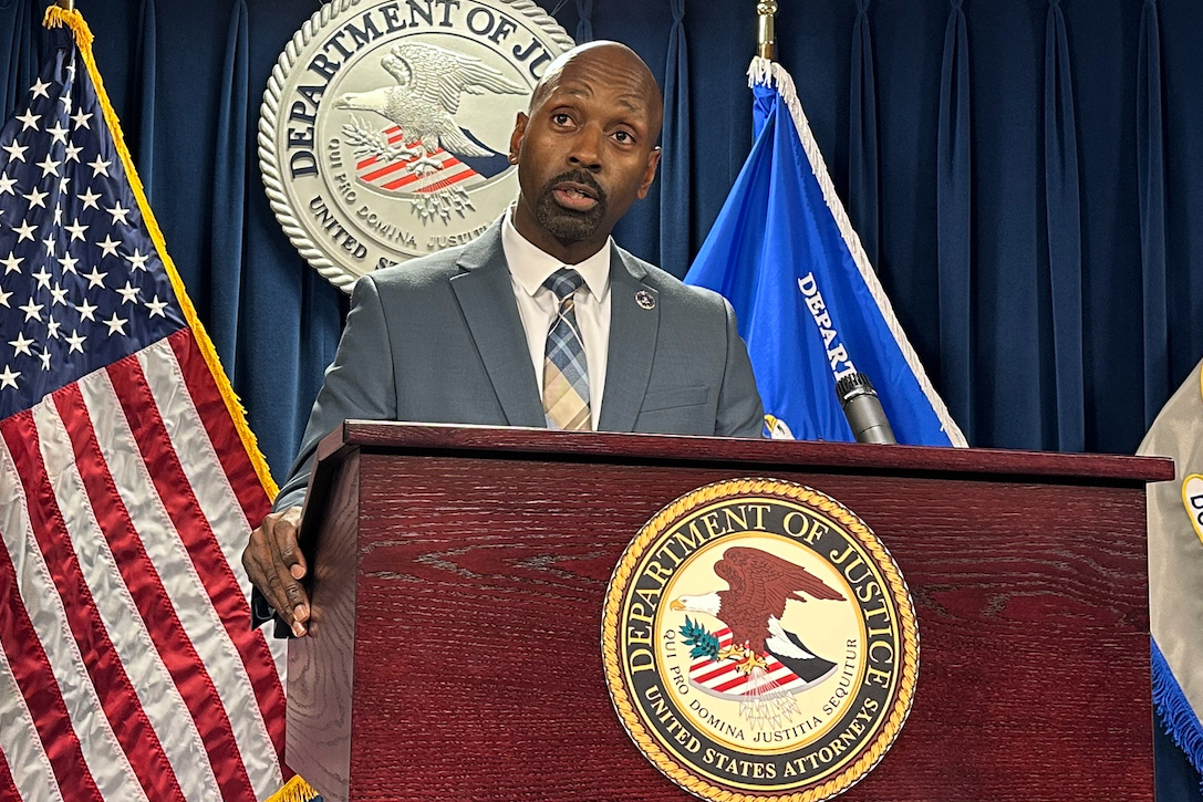 Ted Docks, Special Agent in Charge, Federal Bureau of Investigation, speaks during a news conferenc...