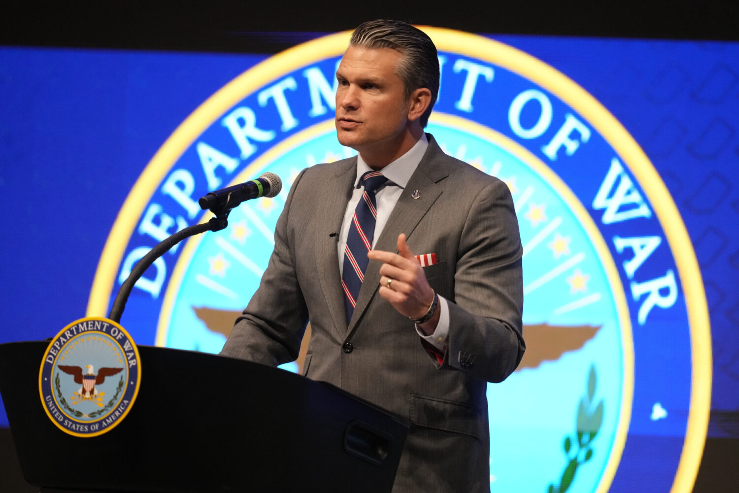 Defense Secretary Pete Hegseth speaks during the 4th annual Northeast Indiana Defense Summit at Pur...