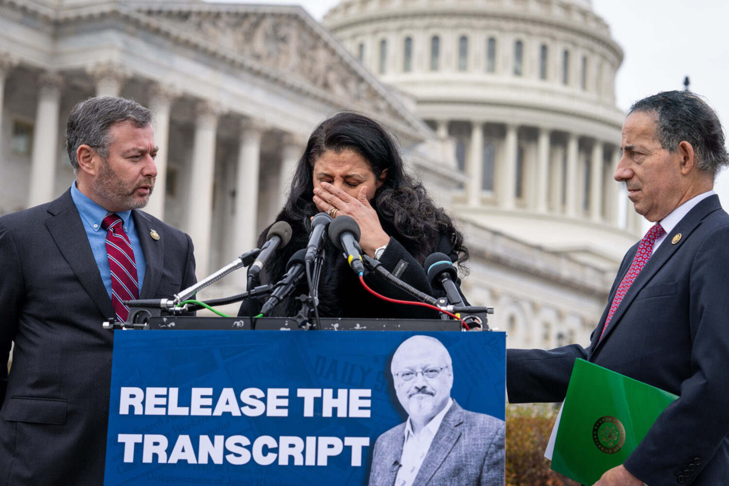 From left, Rep. Eugene Vindman, D-Va., Hanan El-Atr Khashoggi, the widow of slain journalist Jamal ...