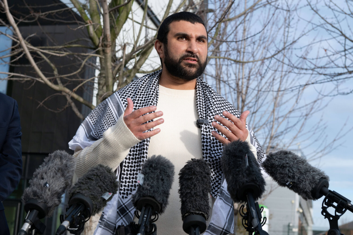 British political commentator Sami Hamdi speaks to the media in London, Thursday, Nov. 13, 2025, on...