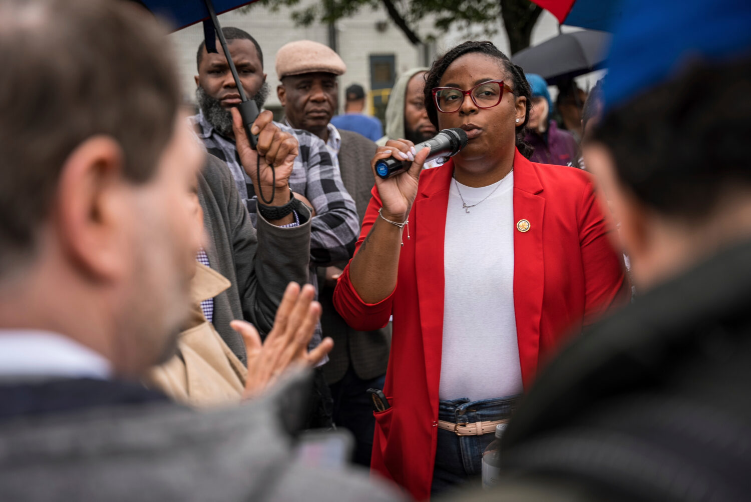 FILE - Rep. LaMonica McIver, D-N.J., demands the release of Newark Mayor Ras Baraka after his arres...