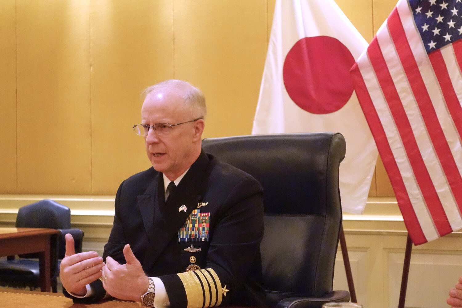 U.S. Chief of Naval Operations, Adm. Daryl Caudle, talks to selected journalists during his visit i...