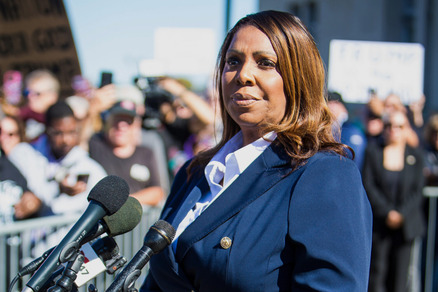 FILE - New York Attorney General, Letitia James, speaks after pleading not guilty outside the Unite...