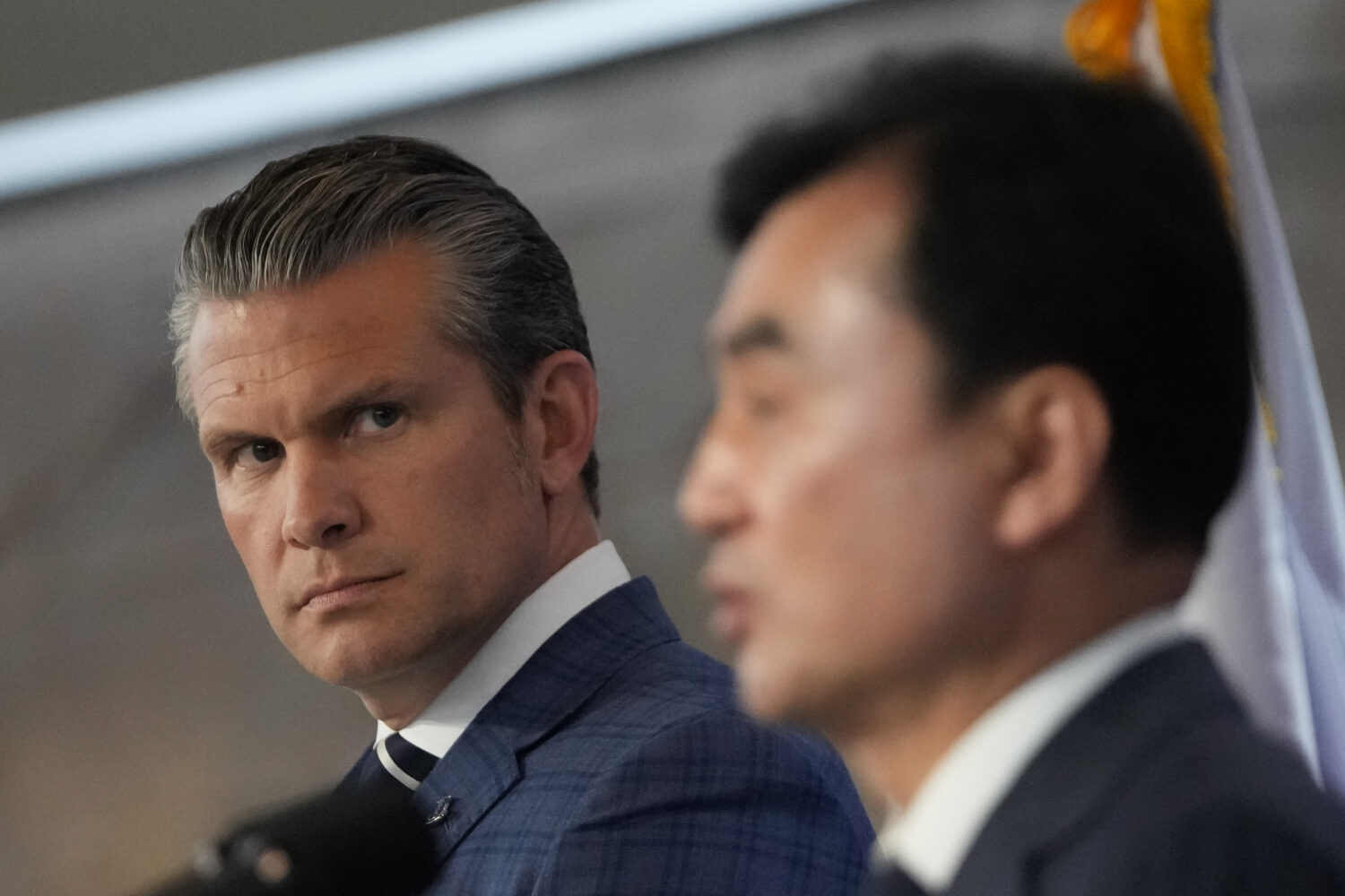 U.S. Defense Secretary Pete Hegseth, left, looks on as South Korean Defense Minister Ahn Gyu-back, ...