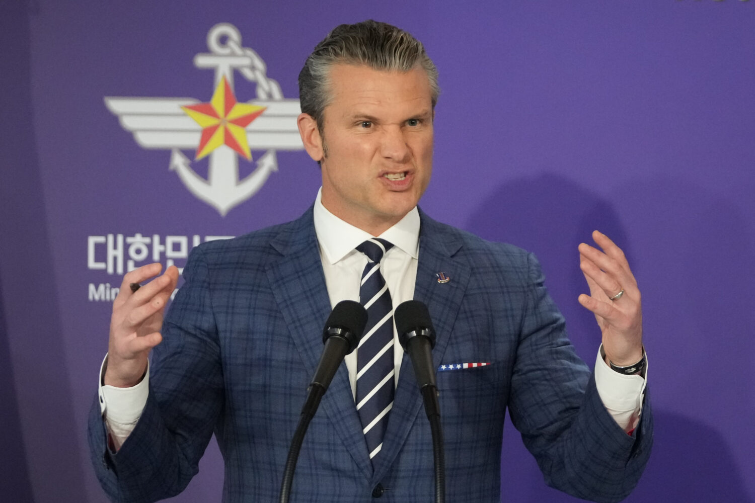 U.S. Defense Secretary Pete Hegseth speaks during a joint press conference with South Korean Defens...