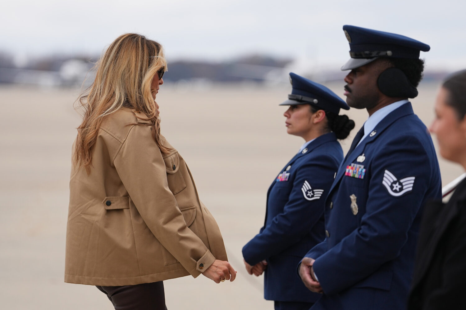 First lady Melania Trump, boards a plane at Joint Base Andrews, Md., en route to Camp Lejeune, Wedn...