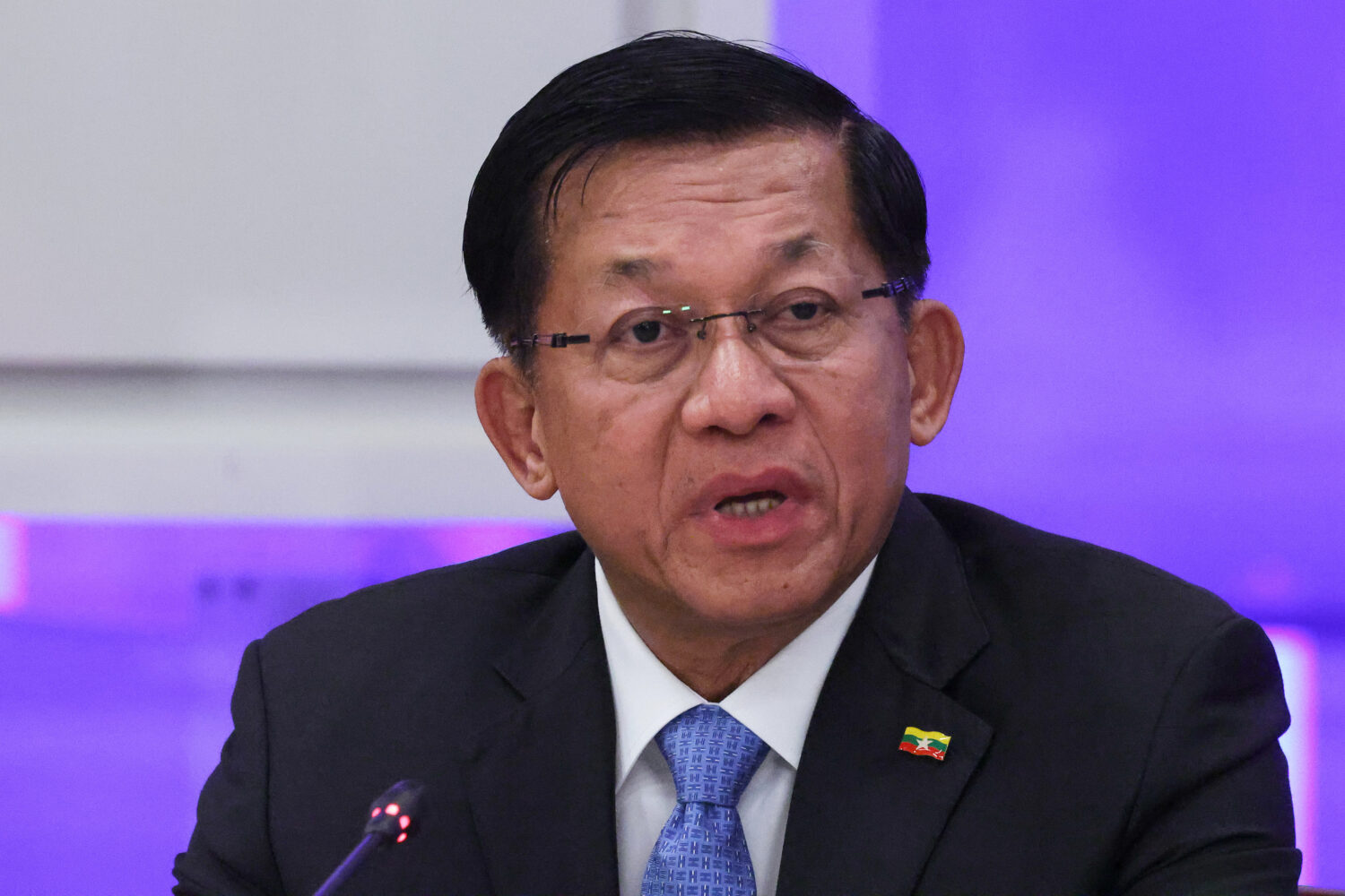 FILE -Myanmar's Military leader Senior Gen. Min Aung Hlaing speaks during a session at the World At...