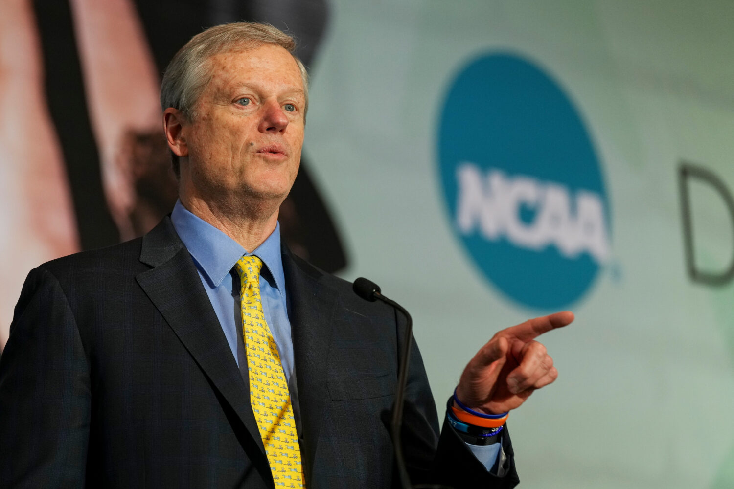 FILE - NCAA President Charlie Baker speaks during the Division I Business Session at the annual NCA...