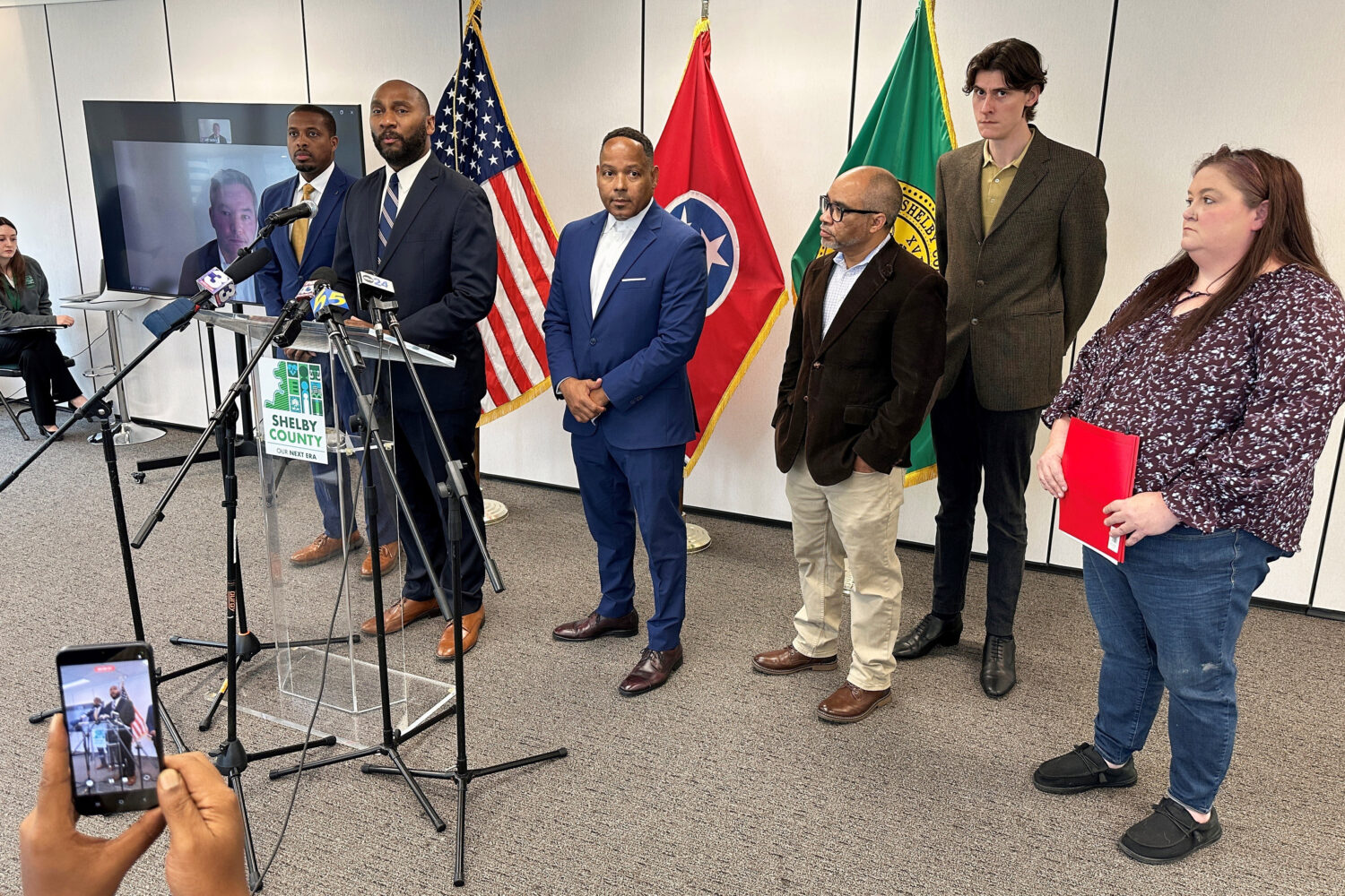 Shelby County Mayor Lee Harris speaks at a news conference on Tuesday, Nov. 18, 2025, in Memphis, T...
