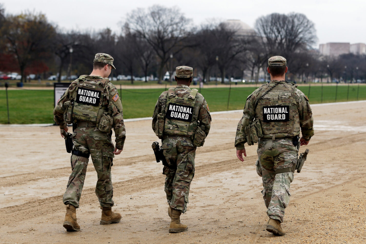 National Guard patrol on the National Mall near the U.S. Capitol, Wednesday, Nov. 26, 2025, in Wash...
