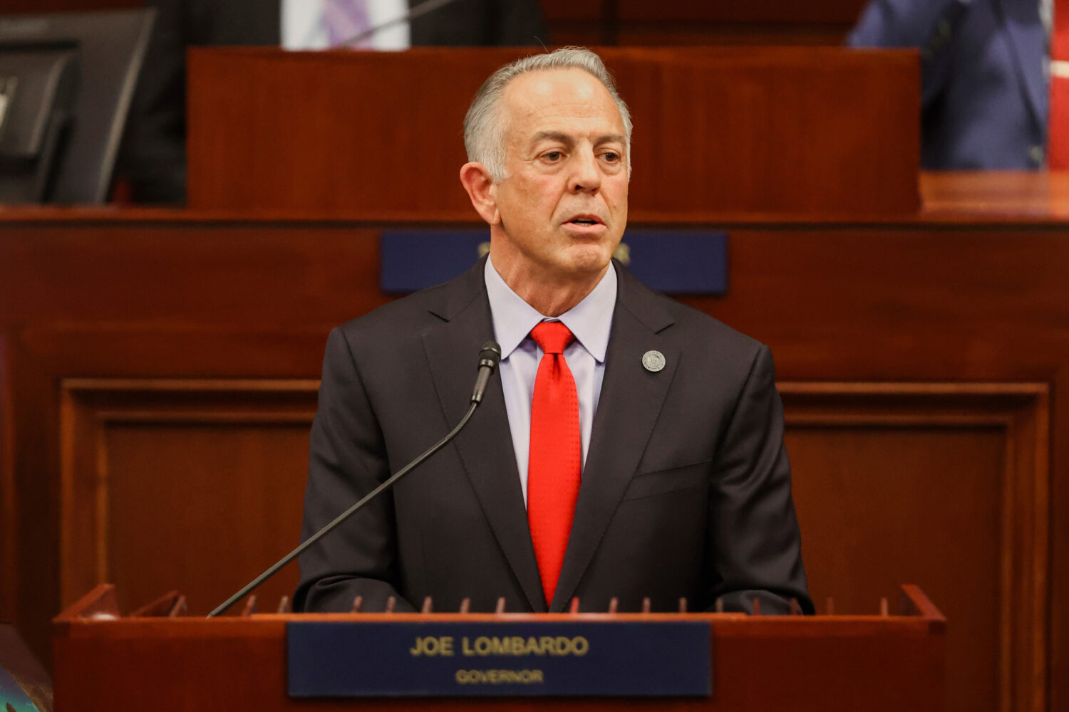 FILE - Nevada Gov. Joe Lombardo delivers his State of the State address, Jan. 15, 2025, in Carson C...