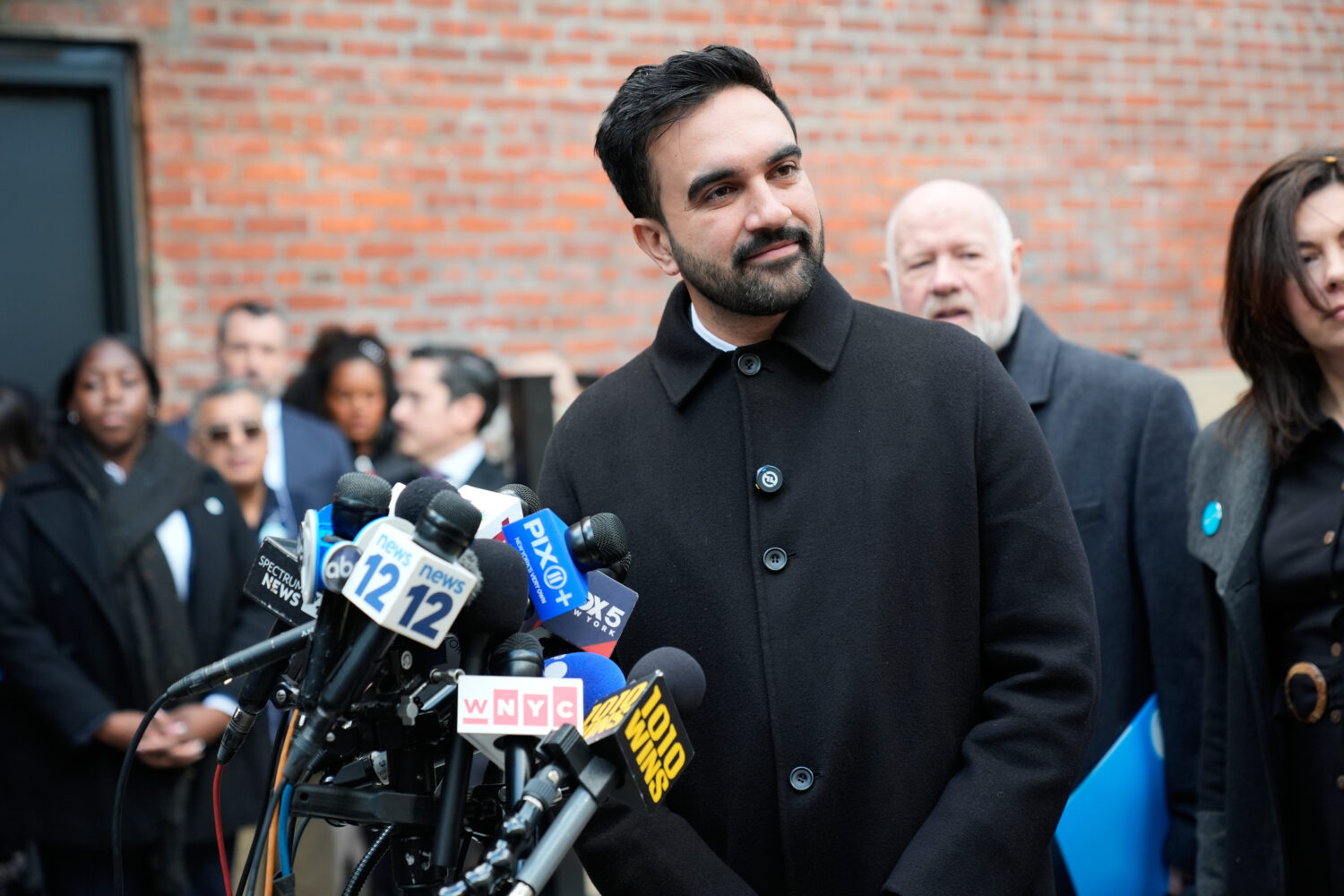 New York City mayor-elect Zohran Mamdani talks to reporters at a news conference in New York, Monda...
