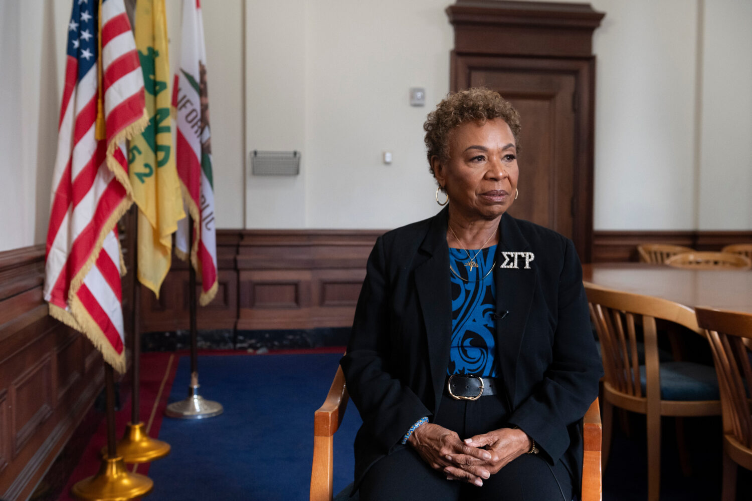 Oakland Mayor Barbara Lee pauses during an interview on Friday, Nov. 14, 2025, in Oakland, Calif. (...