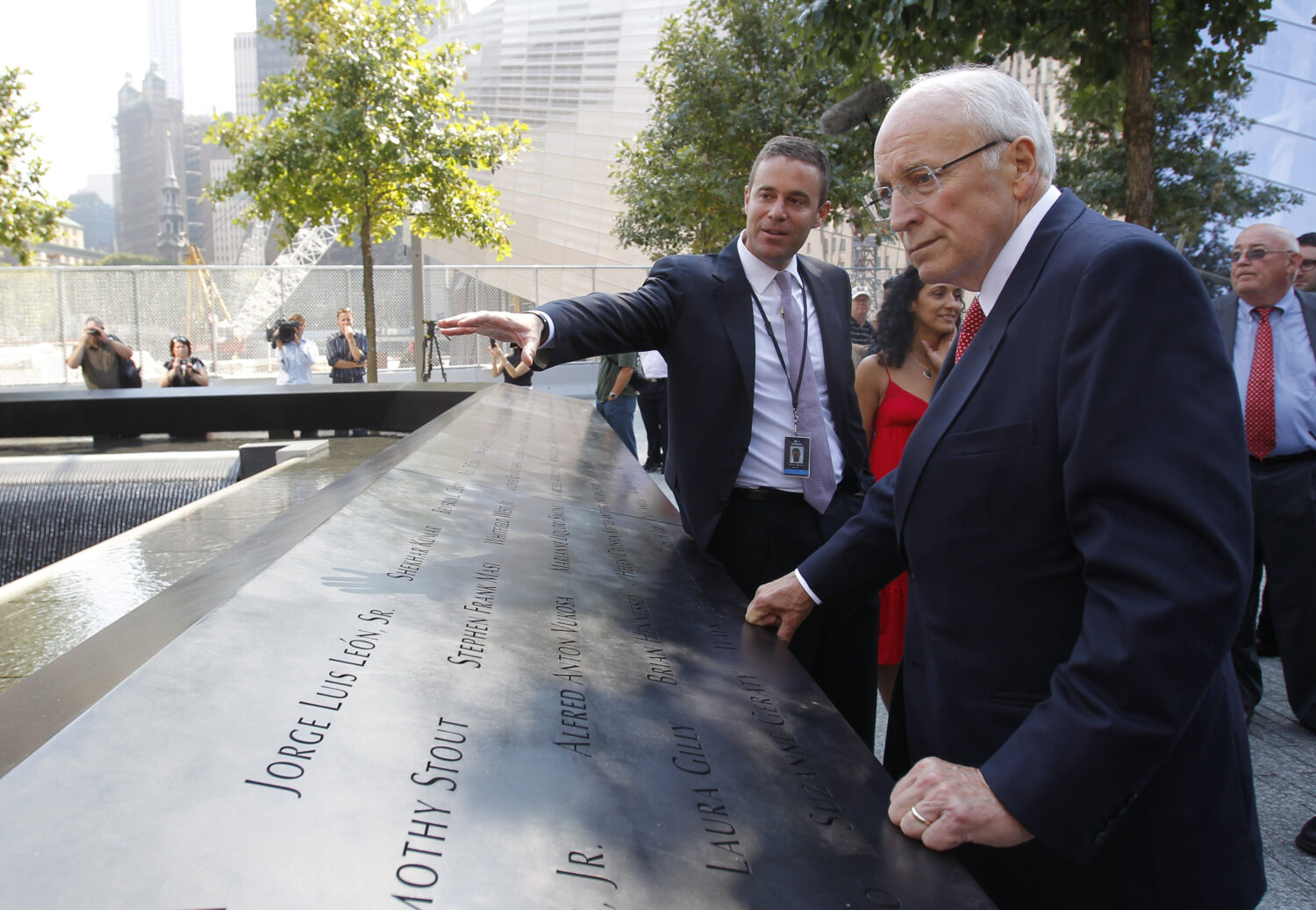 FILE - Former U.S. Vice President Dick Cheney, right, listens to 9/11 Memorial President Joe Daniel...