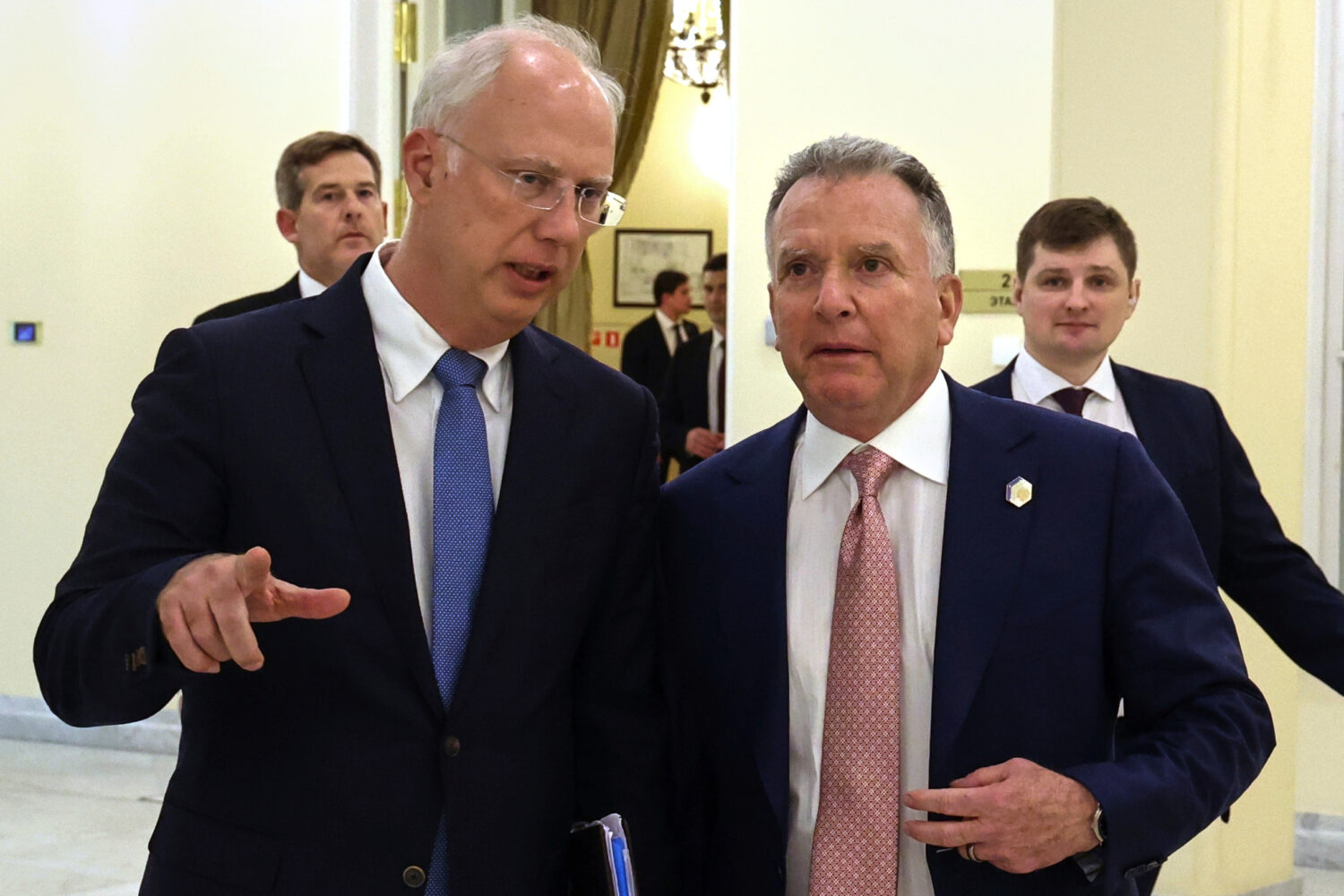 FILE - Russian President Vladimir Putin's envoy Kirill Dmitriev, left, and U.S. President Donald Tr...