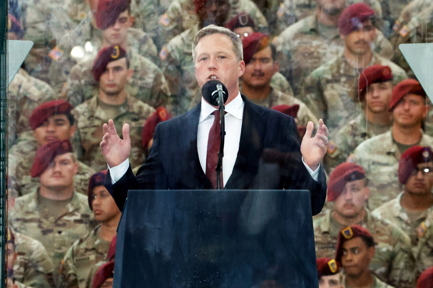 U.S. Army Secretary Dan Driscoll speaks at the America 250 celebration at Fort Bragg in Fayettevill...
