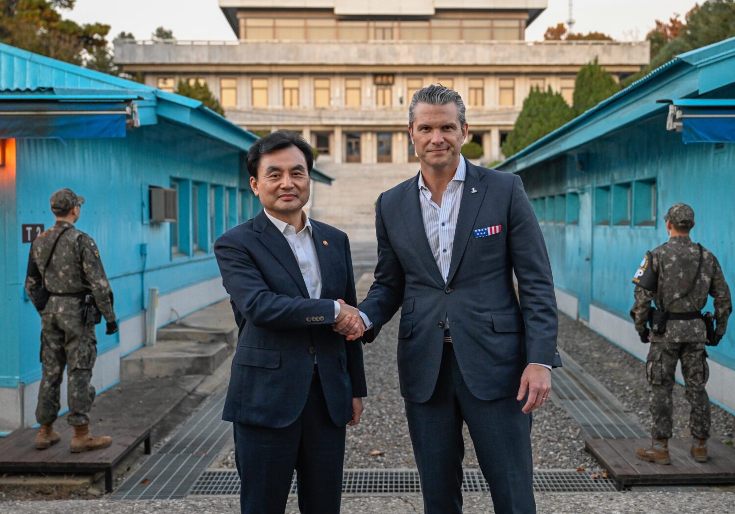 In this photo provided by South Korea Defense Ministry, U.S. Defense Secretary Pete Hegseth, right,...