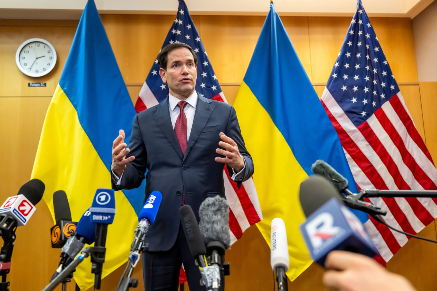 U.S. Secretary of State Marco Rubio talks to the press at the U.S. Mission to International Organiz...